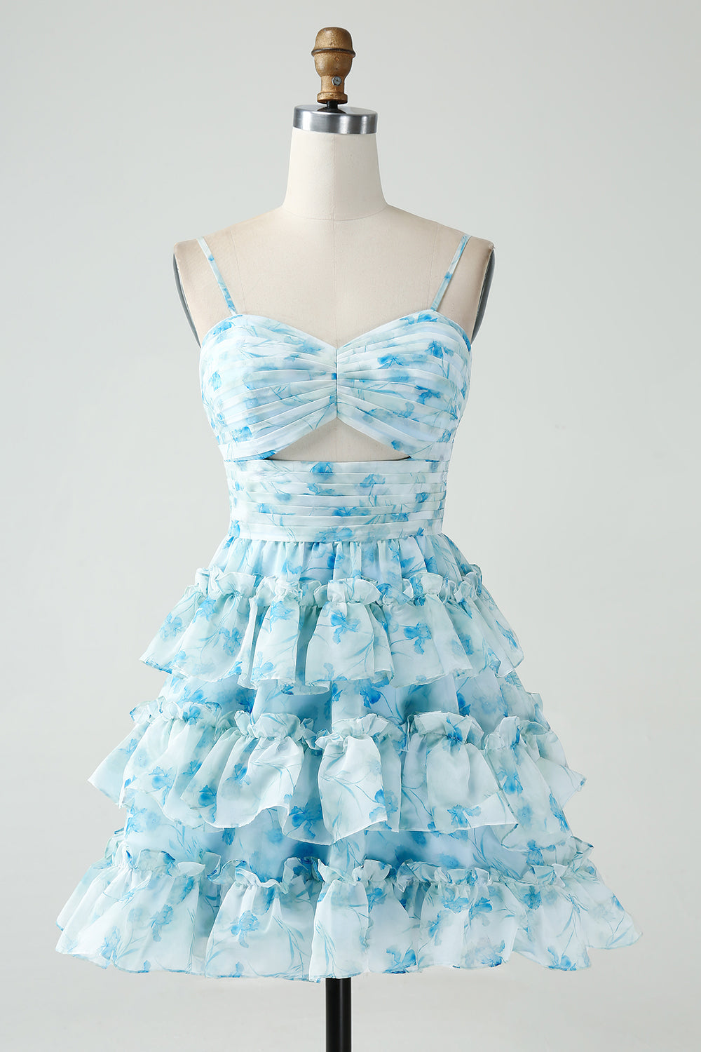 A-Line Spaghetti Straps Tiered Blue Floral Short Homecoming Dress with Ruffles